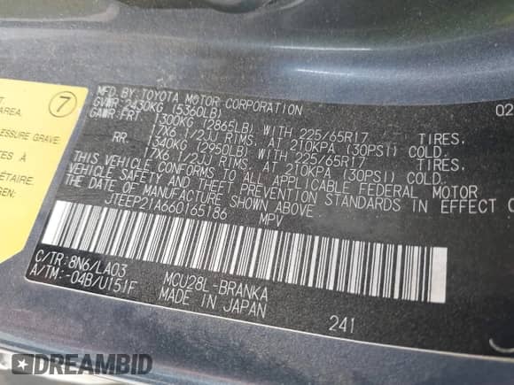 2006 Toyota Highlander w/3rd Row z VIN JTEEP21A660165186, wystawiony jako IAAI lot #43393453 z przebiegiem 171 977 mil mil oraz . Historia ofert i sprzedaży dostępna na DreamBid. Obrazek 9.