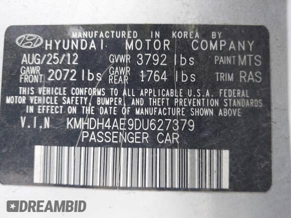 2013 Hyundai Elantra GLS z VIN KMHDH4AE9DU627379, wystawiony jako IAAI lot #42373848 z przebiegiem 122 490 mil mil oraz . Historia ofert i sprzedaży dostępna na DreamBid. Obrazek 9.