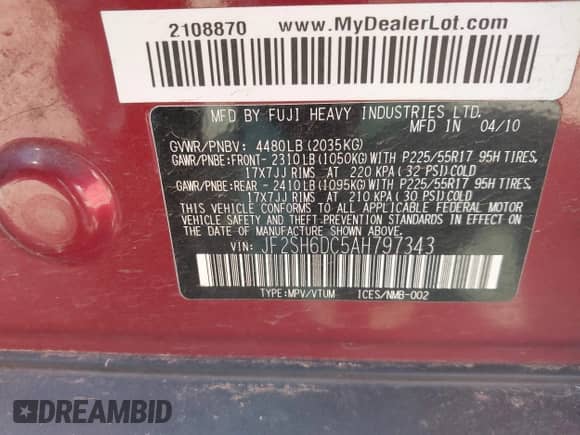 2010 Subaru Forester X Limited with VIN JF2SH6DC5AH797343, listed as a IAAI auction lot 43335490 with 123,627 mi miles and . Bid and sale history available at DreamBid. Image 9.