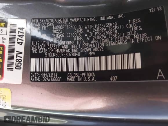 2014 Toyota Sienna Limited с VIN 5TDDK3DC7ES078040, выставлен на аукционе IAAI как лот 42771373 с пробегом 214 399 миль миль и . История ставок и продаж доступна на DreamBid. Изображение 9.