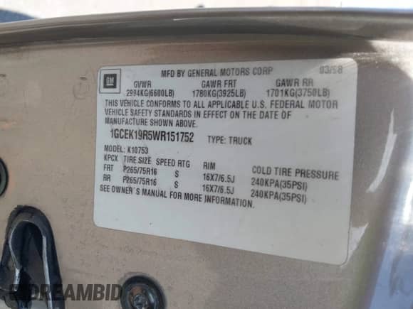 1998 Chevrolet Silverado 1500 с VIN 1GCEK19R5WR151752, выставлен на аукционе IAAI как лот 43050125 с пробегом 130 834 миль миль и . История ставок и продаж доступна на DreamBid. Изображение 9.