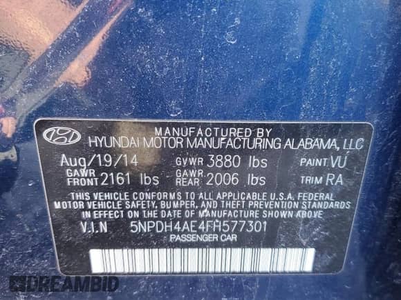 2015 Hyundai Elantra SE with VIN 5NPDH4AE4FH577301, listed as a Copart auction lot 43244615 with 160,950 mi miles and Salvage title. Bid and sale history available at DreamBid. Image 12.