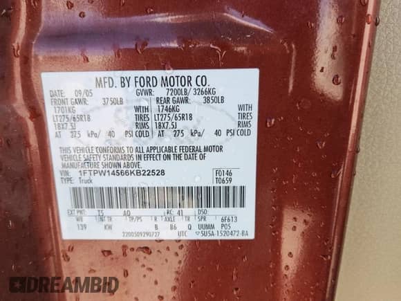 2006 Ford F-150 XLT with VIN 1FTPW14566KB22528, listed as a Copart auction lot 84916895 with 201,330 mi miles and Non repairable. Bid and sale history available at DreamBid. Image 12.