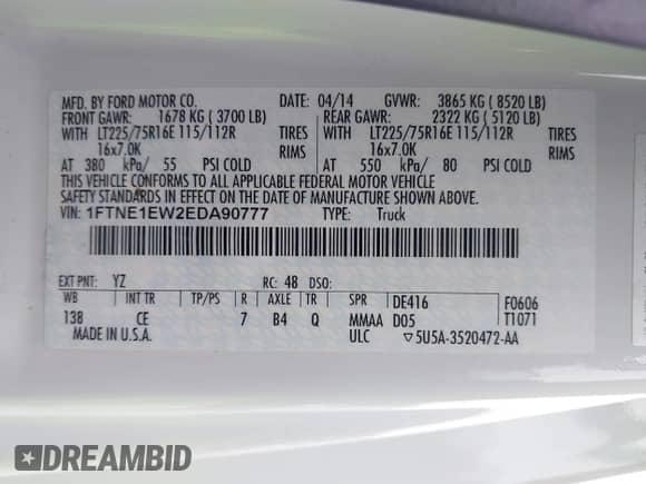 2014 Ford Econoline Cargo Commercial with VIN 1FTNE1EW2EDA90777, listed as a IAAI auction lot 42347574 with 94,268 mi miles and . Bid and sale history available at DreamBid. Image 9.