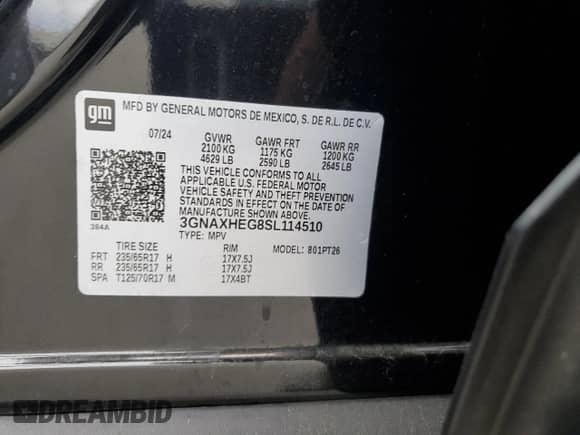 2025 Chevrolet Equinox FWD LT with VIN 3GNAXHEG8SL114510, listed as a Copart auction lot 85159615 with 20,445 mi miles and Salvage title. Bid and sale history available at DreamBid. Image 13.