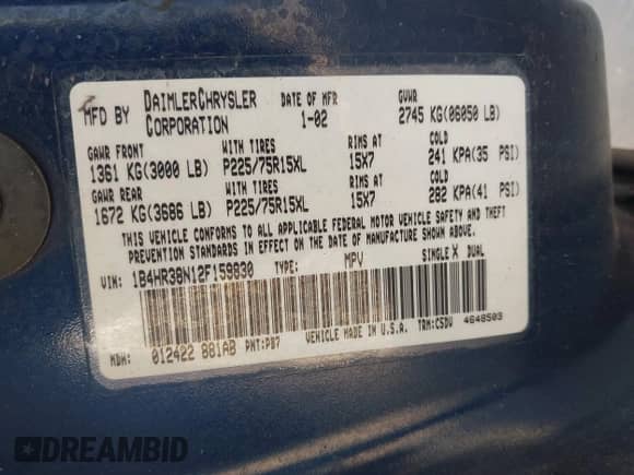 2002 Dodge Durango Sport with VIN 1B4HR38N12F159830, listed as a IAAI auction lot 42194046 with 185,081 mi miles and . Bid and sale history available at DreamBid. Image 9.