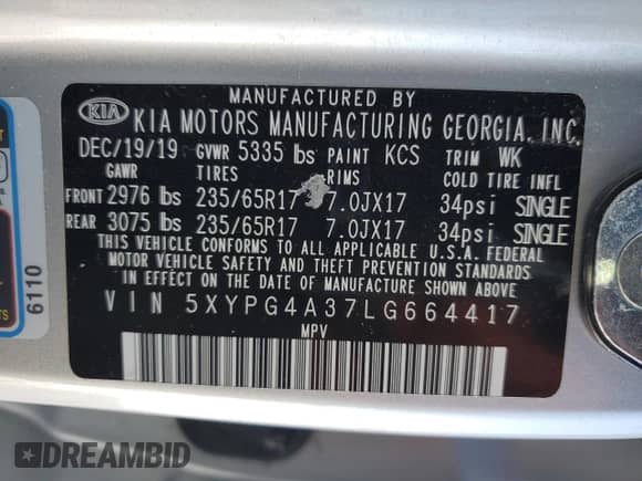 2020 Kia Sorento L with VIN 5XYPG4A37LG664417, listed as a Copart auction lot 45886685 with 81,791 mi miles and Salvage title. Bid and sale history available at DreamBid. Image 14.