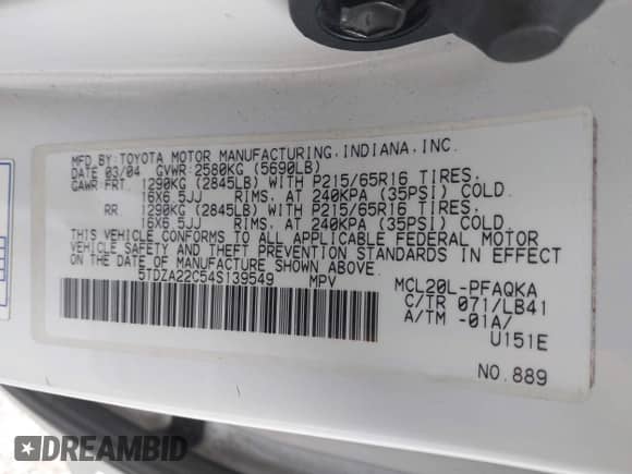 2004 Toyota Sienna XLE with VIN 5TDZA22C54S139549, listed as a IAAI auction lot 43550693 with 207,667 mi miles and . Bid and sale history available at DreamBid. Image 9.