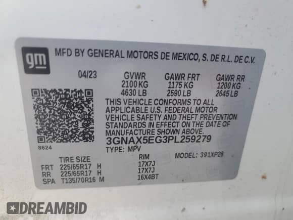 2023 Chevrolet Equinox LS с VIN 3GNAX5EG3PL259279, выставлен на аукционе Copart как лот 78233414 с пробегом 57 372 миль миль и Списание • Salvage title. История ставок и продаж доступна на DreamBid. Изображение 12.