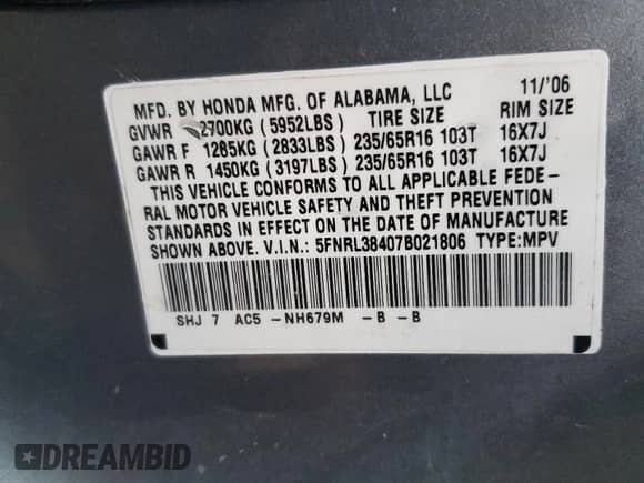 2007 Honda Odyssey EX z VIN 5FNRL38407B021806, wystawiony jako Copart lot #82461494 z przebiegiem 130 829 mil mil oraz Czysty tytuł • Clean title. Historia ofert i sprzedaży dostępna na DreamBid. Obrazek 12.