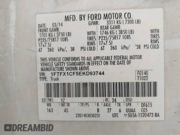 2014 Ford F-150 STX with VIN 1FTFX1CF5EKD93744, listed as a IAAI auction lot 43280853 with 144,024 mi miles and . Bid and sale history available at DreamBid. Image 9.