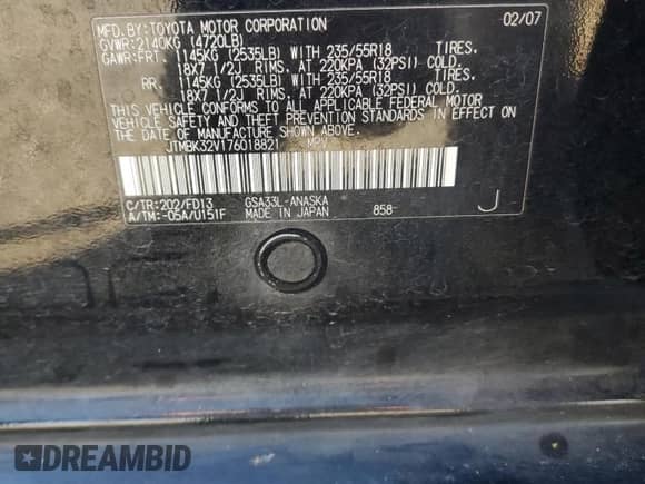 2007 Toyota RAV4 Sport с VIN JTMBK32V176018821, выставлен на аукционе Copart как лот 82579025 с пробегом 150 844 миль миль и Списание • Salvage title. История ставок и продаж доступна на DreamBid. Изображение 12.