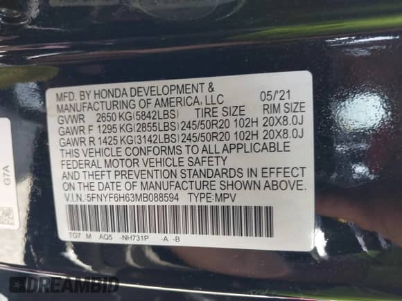 2021 Honda Pilot Touring 7-Passenger z VIN 5FNYF6H63MB088594, wystawiony jako IAAI lot #39837443 z przebiegiem 70 415 mil mil oraz . Historia ofert i sprzedaży dostępna na DreamBid. Obrazek 9.