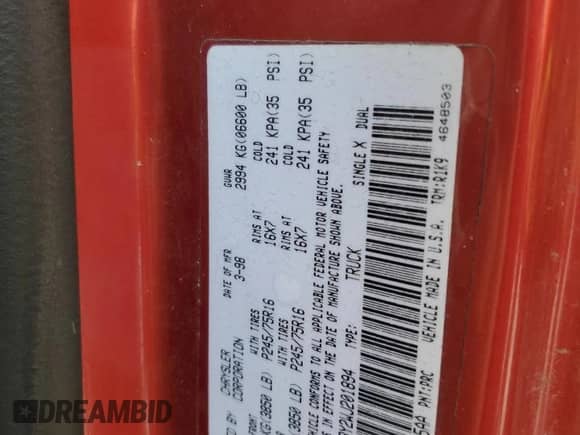 1998 Dodge 1500 с VIN 1B7HF13Y2WJ201894, выставлен на аукционе Copart как лот 54551575 с пробегом Не указан миль и Списание • Salvage title. История ставок и продаж доступна на DreamBid. Изображение 12.