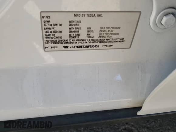 2022 Tesla Model Y Long Range z VIN 7SAYGDEEXNF355456, wystawiony jako Copart lot #85502145 z przebiegiem 62 023 mil mil oraz Szkoda całkowita • Salvage title. Historia ofert i sprzedaży dostępna na DreamBid. Obrazek 12.