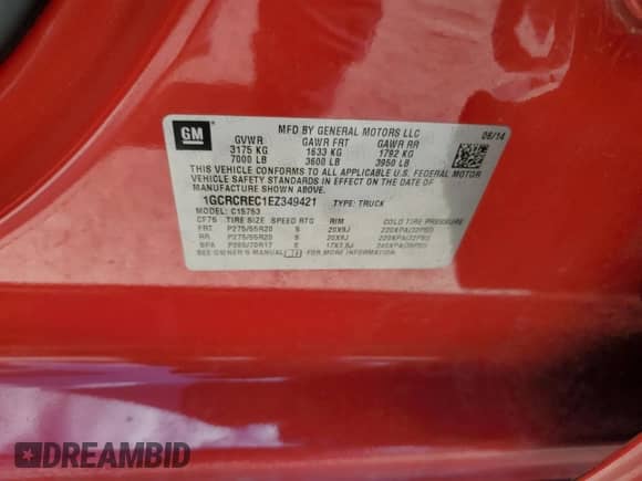 2014 Chevrolet Silverado 1500 LT с VIN 1GCRCREC1EZ349421, выставлен на аукционе Copart как лот 58687344 с пробегом 219 306 миль миль и Списание • Salvage title. История ставок и продаж доступна на DreamBid. Изображение 12.