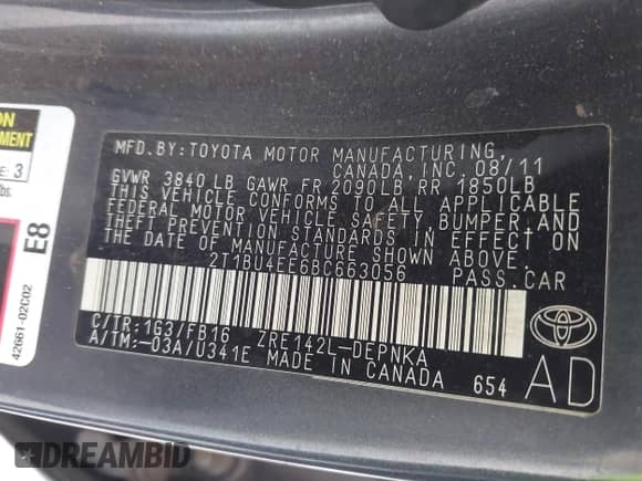 2011 Toyota Corolla S with VIN 2T1BU4EE6BC663056, listed as a IAAI auction lot 43190017 with 140,258 mi miles and . Bid and sale history available at DreamBid. Image 9.