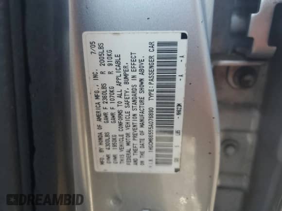 2005 Honda Accord EX-L with VIN 1HGCM66555A076890, listed as a Copart auction lot 83996175 with 197,416 mi miles and Salvage title. Bid and sale history available at DreamBid. Image 12.