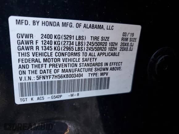 2019 Honda Passport EX-L с VIN 5FNYF7H56KB003404, выставлен на аукционе Copart как лот 53935625 с пробегом 66 890 миль миль и Списание • Salvage title. История ставок и продаж доступна на DreamBid. Изображение 13.