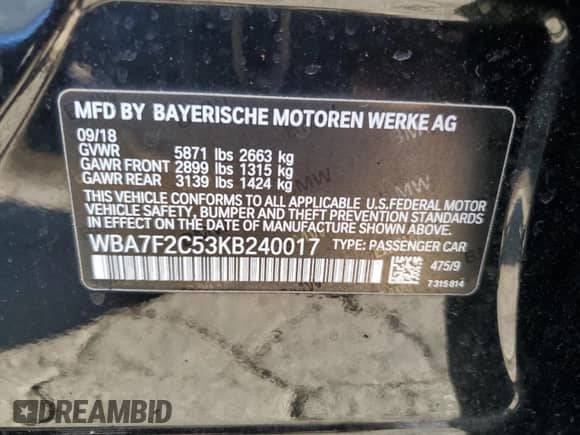 2019 BMW 7 Series 750i xDrive with VIN WBA7F2C53KB240017, listed as a Copart auction lot 65009774 with 11,175 mi miles and Salvage title. Bid and sale history available at DreamBid. Image 12.