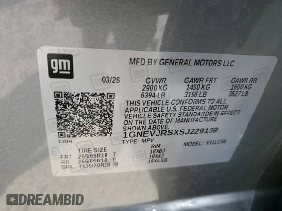 2025 Chevrolet Traverse AWD Z71 с VIN 1GNEVJRSXSJ229159, выставлен на аукционе Copart как лот 65828155 с пробегом 3 012 миль миль и Списание • Salvage title. История ставок и продаж доступна на DreamBid. Изображение 13.
