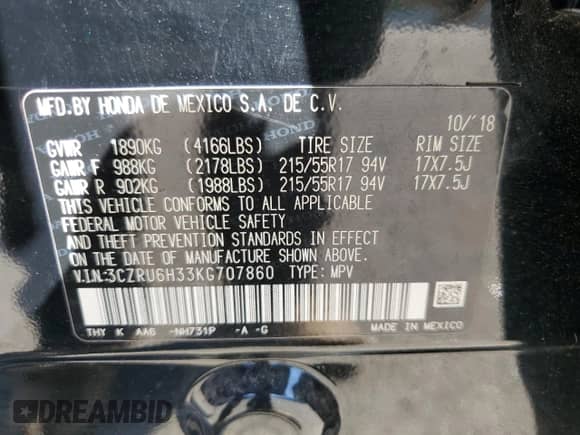 2019 Honda HR-V LX z VIN 3CZRU6H33KG707860, wystawiony jako Copart lot #69876625 z przebiegiem 98 132 mil mil oraz Szkoda całkowita • Salvage title. Historia ofert i sprzedaży dostępna na DreamBid. Obrazek 12.