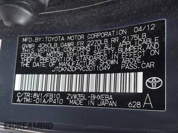 2012 Toyota Prius with VIN JTDKN3DP9C3011049, listed as a IAAI auction lot 43533216 with 165,332 mi miles and . Bid and sale history available at DreamBid. Image 9.