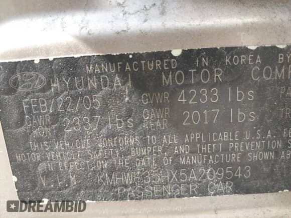 2005 Hyundai Sonata GLS with VIN KMHWF35HX5A209543, listed as a IAAI auction lot 42582975 with 189,936 mi miles and . Bid and sale history available at DreamBid. Image 9.