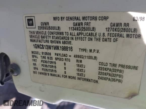 1998 Chevrolet Blazer LS with VIN 1GNCS13W1WK198816, listed as a IAAI auction lot 42419491 with 204,149 mi miles and . Bid and sale history available at DreamBid. Image 9.