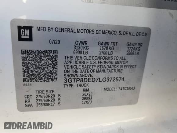 2020 GMC Sierra 1500 SLT с VIN 3GTP8DED7LG372574, выставлен на аукционе Copart как лот 68292295 с пробегом 103 566 миль миль и Списание • Salvage title. История ставок и продаж доступна на DreamBid. Изображение 12.