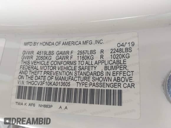 2019 Honda Accord with VIN 1HGCV3F10KA013605, listed as a IAAI auction lot 43316784 with 98,249 mi miles and . Bid and sale history available at DreamBid. Image 9.