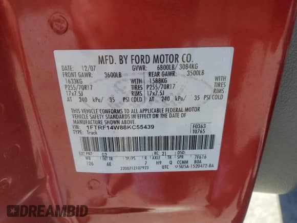 2008 Ford F-150 XL with VIN 1FTRF14W88KC55439, listed as a Copart auction lot 49178005 with 126,326 mi miles and Salvage title. Bid and sale history available at DreamBid. Image 12.