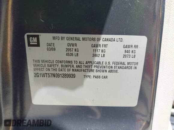 2009 Chevrolet Impala LT with VIN 2G1WT57N091289939, listed as a IAAI auction lot 42872109 with 74,144 mi miles and . Bid and sale history available at DreamBid. Image 9.