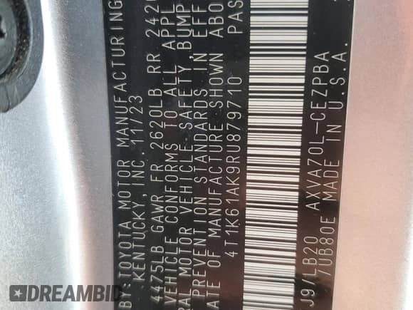 2024 Toyota Camry XSE with VIN 4T1K61AK9RU879710, listed as a Copart auction lot 90527445 with 39,740 mi miles and Clean title. Bid and sale history available at DreamBid. Image 13.