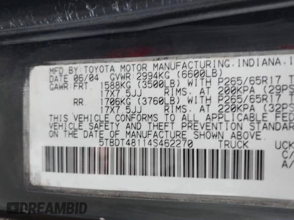 2004 Toyota Tundra Limited с VIN 5TBDT48114S462270, выставлен на аукционе IAAI как лот 42993125 с пробегом 141 004 миль миль и . История ставок и продаж доступна на DreamBid. Изображение 9.