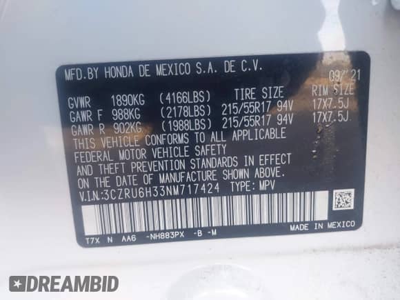 2022 Honda HR-V LX with VIN 3CZRU6H33NM717424, listed as a IAAI auction lot 43359894 with 40,923 mi miles and . Bid and sale history available at DreamBid. Image 9.