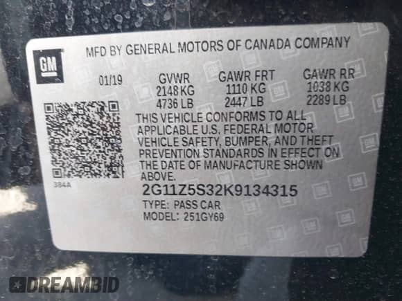 2019 Chevrolet Impala LT z VIN 2G11Z5S32K9134315, wystawiony jako IAAI lot #41844250 z przebiegiem Nie podano mil oraz . Historia ofert i sprzedaży dostępna na DreamBid. Obrazek 9.