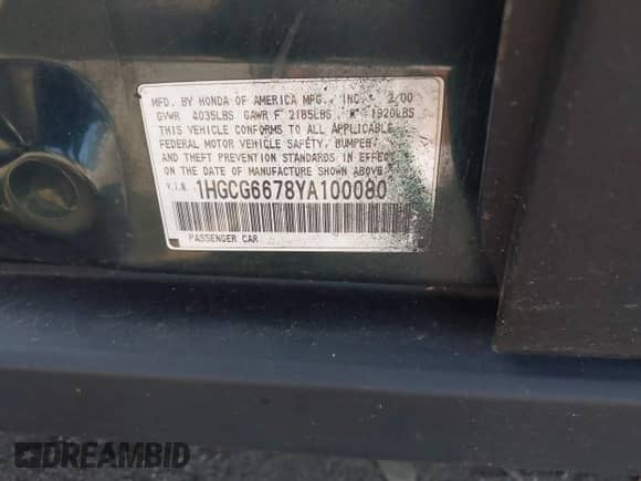 2000 Honda Accord EX z VIN 1HGCG6678YA100080, wystawiony jako IAAI lot #40343654 z przebiegiem 90 527 mil mil oraz . Historia ofert i sprzedaży dostępna na DreamBid. Obrazek 9.