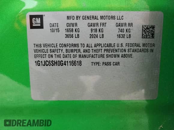 2016 Chevrolet Sonic LT with VIN 1G1JC6SH0G4116618, listed as a Copart auction lot 80083965 with 101,474 mi miles and Salvage title. Bid and sale history available at DreamBid. Image 12.