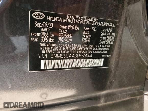 2020 Hyundai Santa Fe Limited с VIN 5NMS5CAA3LH274106, выставлен на аукционе Copart как лот 71460825 с пробегом 67 046 миль миль и Списание • Salvage title. История ставок и продаж доступна на DreamBid. Изображение 13.