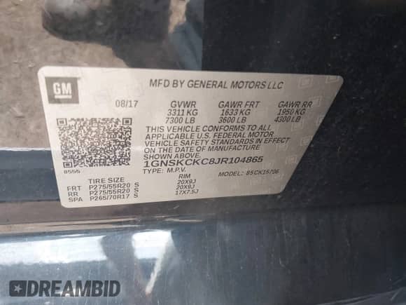 2018 Chevrolet Tahoe Premier with VIN 1GNSKCKC8JR104865, listed as a IAAI auction lot 42771057 with 123,387 mi miles and . Bid and sale history available at DreamBid. Image 9.