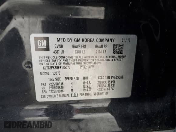 2015 Chevrolet Trax LS с VIN KL7CJPSB8FB135075, выставлен на аукционе Copart как лот 85095365 с пробегом 85 386 миль миль и Чистый • Clean title. История ставок и продаж доступна на DreamBid. Изображение 13.