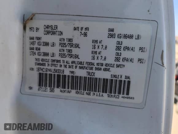 1997 Dodge 1500 z VIN 1B7HC16Y4VJ503318, wystawiony jako Copart lot #53378515 z przebiegiem 179 074 mil mil oraz Szkoda całkowita • Salvage title. Historia ofert i sprzedaży dostępna na DreamBid. Obrazek 12.