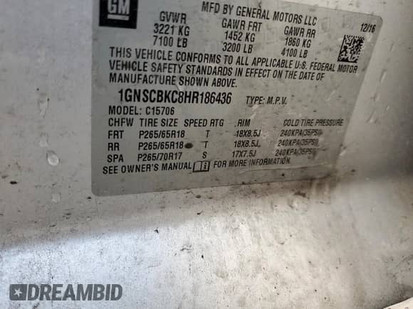 2017 Chevrolet Tahoe LT with VIN 1GNSCBKC8HR186436, listed as a Copart auction lot 69147105 with Not provided miles and Salvage title. Bid and sale history available at DreamBid. Image 13.