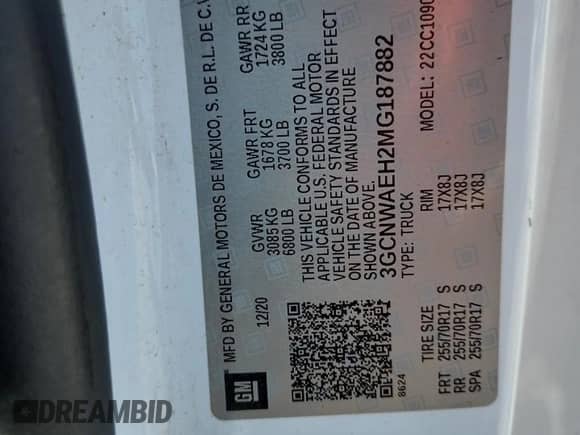 2021 Chevrolet Silverado 1500 Work Truck with VIN 3GCNWAEH2MG187882, listed as a Copart auction lot 64759155 with 118,240 mi miles and Salvage title. Bid and sale history available at DreamBid. Image 12.