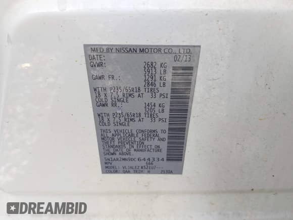 2013 Nissan Pathfinder Platinum with VIN 5N1AR2MN9DC644334, listed as a IAAI auction lot 41731813 with 220,742 mi miles and . Bid and sale history available at DreamBid. Image 9.