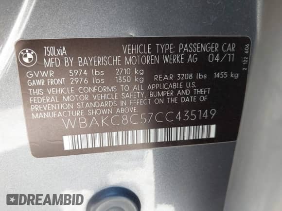 2012 BMW 7 Series 750Li xDrive with VIN WBAKC8C57CC435149, listed as a IAAI auction lot 42547400 with 125,127 mi miles and . Bid and sale history available at DreamBid. Image 9.