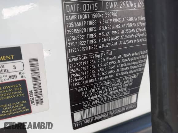 2015 Land Rover Range Rover Sport HSE z VIN SALWR2VF7FA524394, wystawiony jako IAAI lot #43492622 z przebiegiem 150 828 mil mil oraz . Historia ofert i sprzedaży dostępna na DreamBid. Obrazek 9.