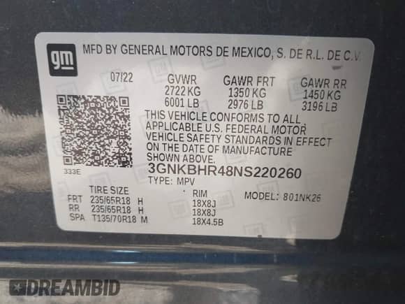 2022 Chevrolet Blazer LT с VIN 3GNKBHR48NS220260, выставлен на аукционе IAAI как лот 43217531 с пробегом 88 069 миль миль и . История ставок и продаж доступна на DreamBid. Изображение 9.