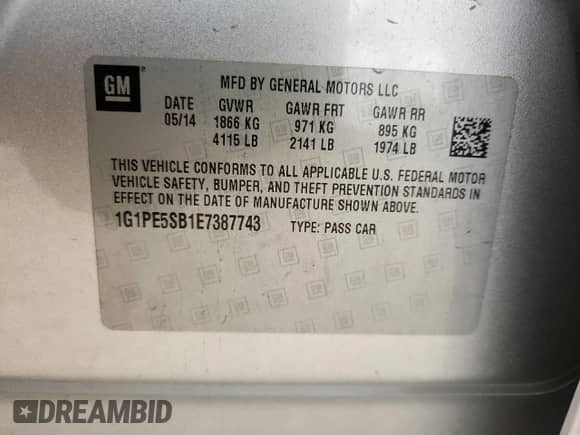 2014 Chevrolet Cruze 2LT с VIN 1G1PE5SB1E7387743, выставлен на аукционе Copart как лот 82086345 с пробегом 82 252 миль миль и Списание • Salvage title. История ставок и продаж доступна на DreamBid. Изображение 12.